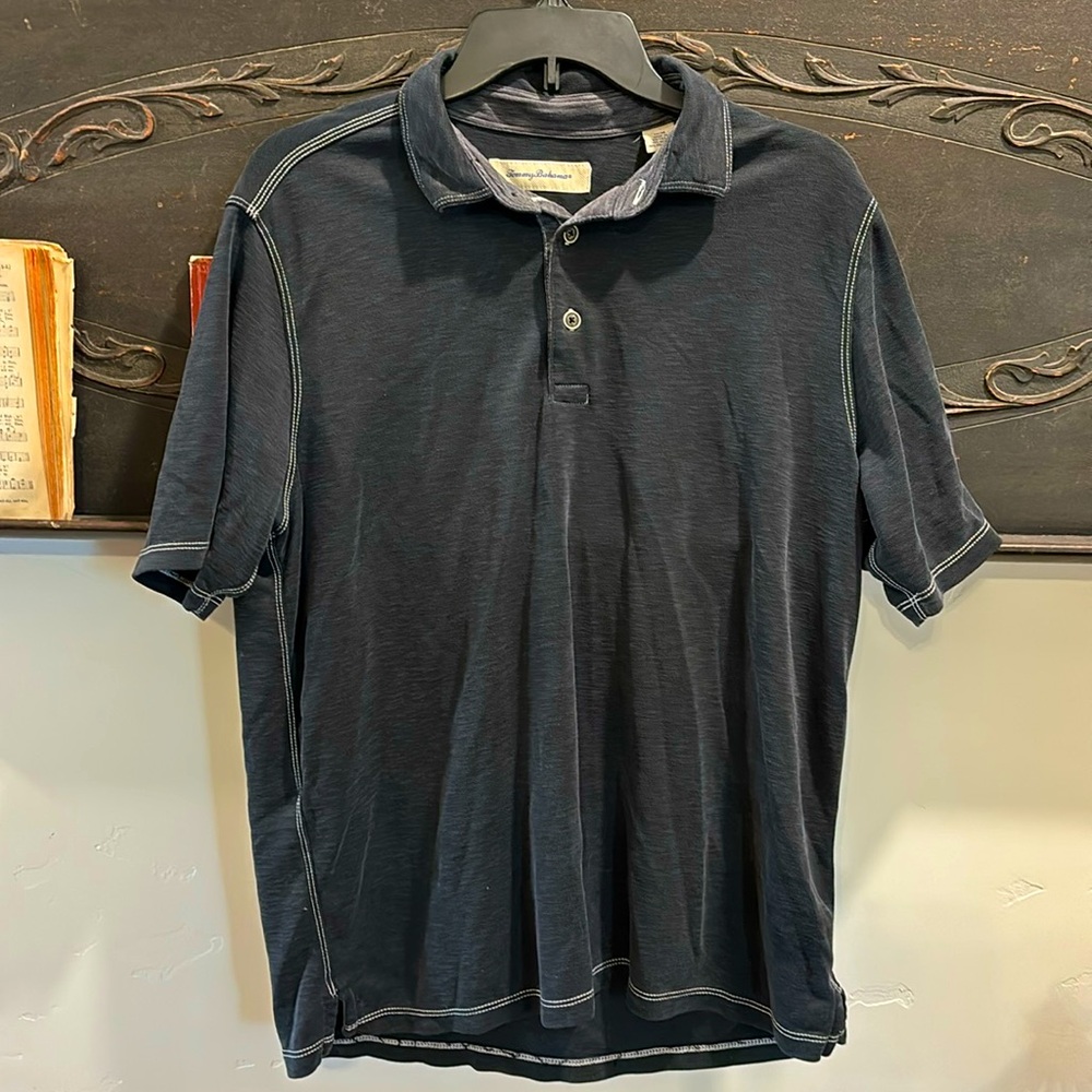 Mens Medium Tommy Bahama Blue Polyester Polo White Trim